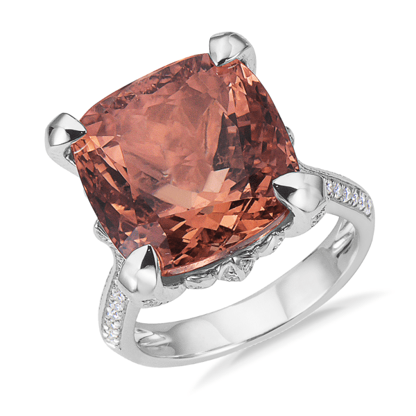 Square Fire Morganite and Diamond Ring in 18k White Gold (14x14mm)
