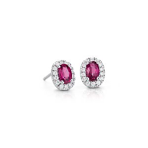 Oval Ruby and Pavé Diamond Earrings in 14k White Gold (6x4mm)