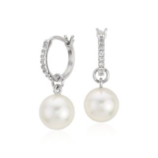 Freshwater Cultured Pearl and White Topaz Drop Hoop Earrings in Sterling Silver (9mm)