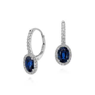 Sapphire and Micropavé Diamond Halo Drop Earrings in 14k White Gold (7x5mm)