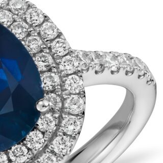 Oval Sapphire and Diamond Double Halo Micropavé Ring in 18k White Gold (9x7mm)