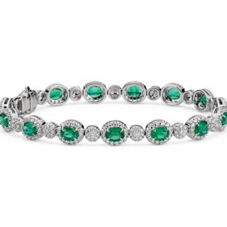 Emerald and Diamond Halo Bracelet in 18k White Gold (5x4mm)