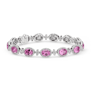 Pink Sapphire and Pavé Diamond Halo Bracelet in 18k White Gold (7x5mm)