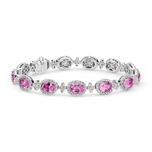 Pink Sapphire and Pavé Diamond Halo Bracelet in 18k White Gold (7x5mm)