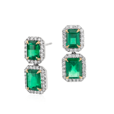 Emerald-Cut Emerald Diamond Pavé Drop Earrings in 18k White Gold (4.77 ct. center)