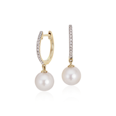 Akoya Cultured Pearl and Diamond Drop Hoop Earrings in 14k Yellow Gold (6.5mm)