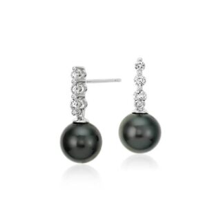 Tahitian Cultured Pearl and 3-Diamond Drop Earrings in 18k White Gold (8mm)