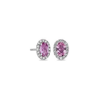 Pink Sapphire and Micropavé Diamond Earrings in 14k White Gold (6x4mm)