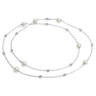 Freshwater Cultured Pearl Necklace with Blue Topaz in Sterling Silver  - 37" (8.5mm)