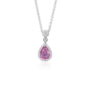 Pink Sapphire Diamond Halo Drop Pendant in 18k White Gold (8x6mm)