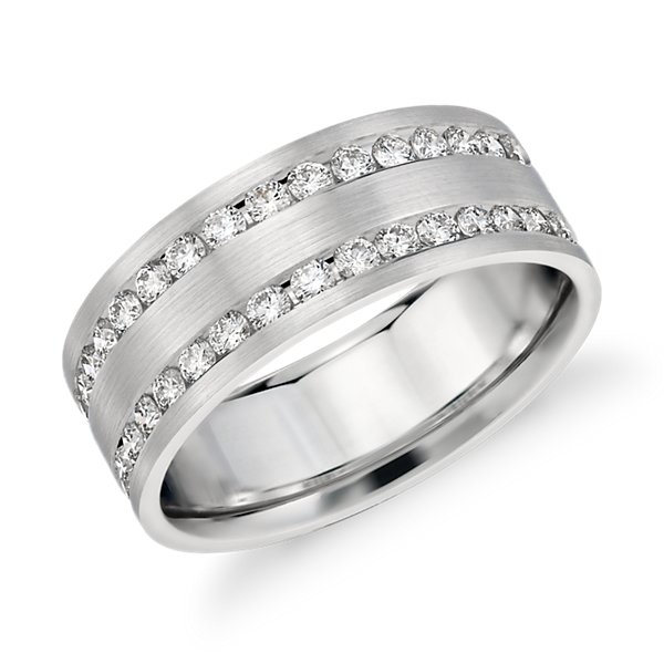 Double Inlay Diamond Wedding Ring in 14k White Gold (8 mm