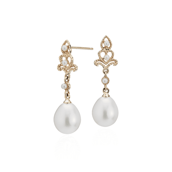 Freshwater Cultured Pearl Vintage-Inspired Drop Earrings in 14k Yellow Gold (7-7.5mm)