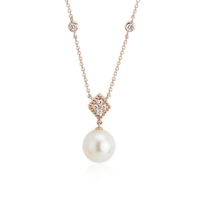 Freshwater Cultured Pearl Drop Necklace with Diamond in 14k Rose Gold (8-8.5mm)