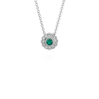 Emerald and Diamond Vintage-Inspired Fiore Pendant in 14k White Gold (3.5mm)