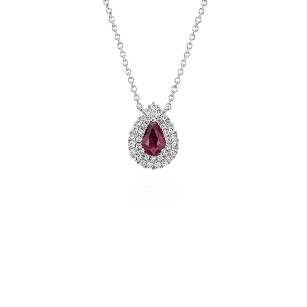 Ruby and Diamond Double Halo Pendant in 18k White Gold (6x4mm)