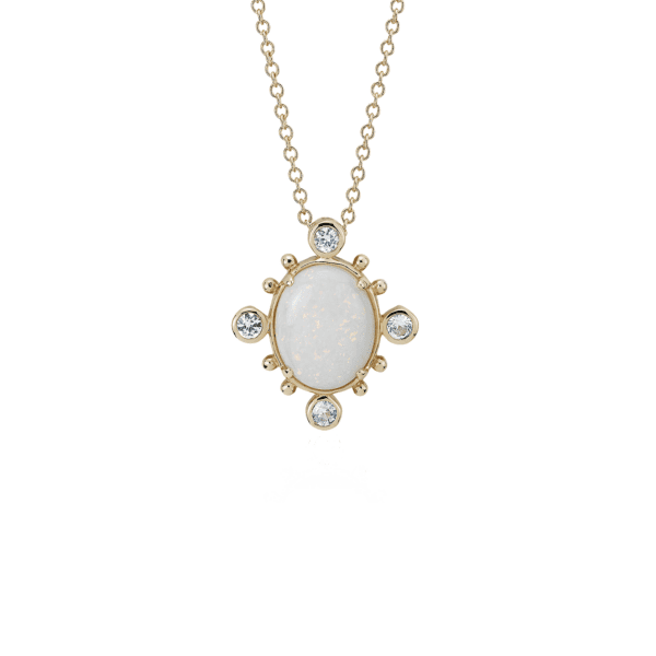 Sunburst Opal and White Sapphire Pendant in 14k Yellow Gold (10x8 mm)