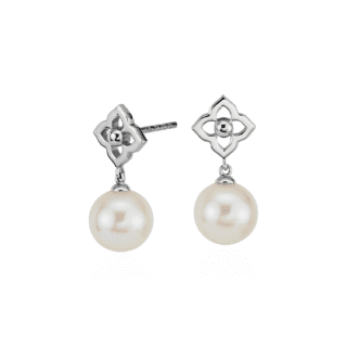 Freshwater Cultured Pearl Floral Drop Earrings in 14k White Gold (8-8.5mm)