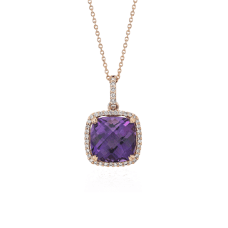 Cushion Cut Amethyst Pendant with Diamond Halo in 14k Rose Gold (10.5mm)