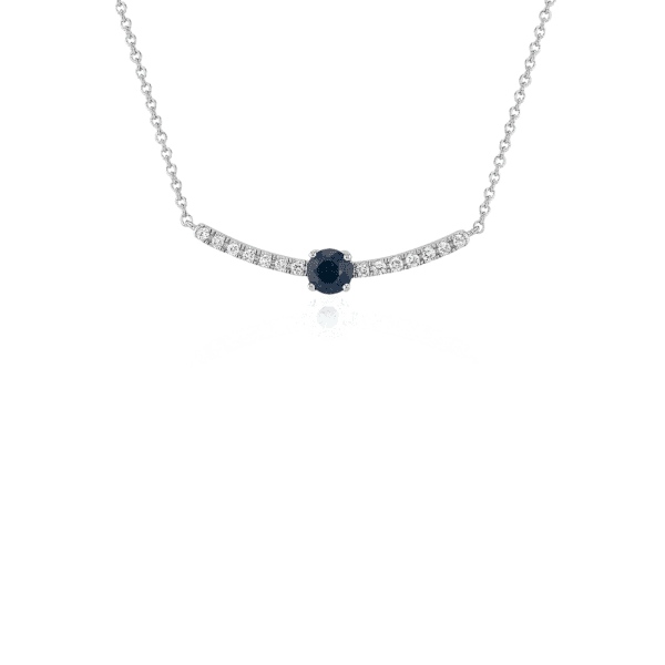 Petite Sapphire and Diamond Curved Bar Necklace in 14k White Gold (3.5mm)