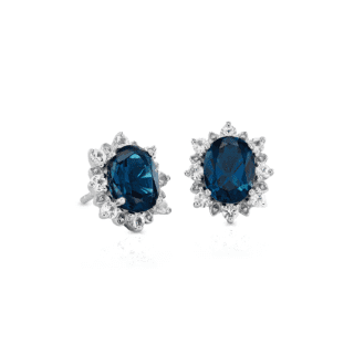 Sunburst Oval London Blue Topaz Stud Earrings in Sterling Silver (8x6mm)