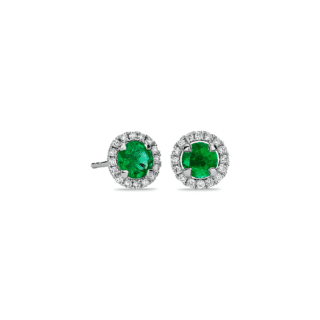 Emerald and Micropavé Diamond Halo Stud Earrings in 18k White Gold (5mm)