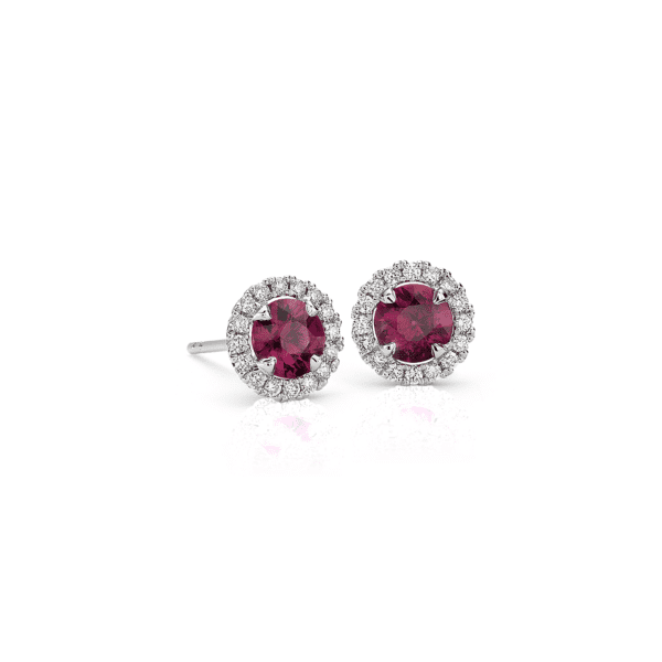 Ruby and Micropavé Diamond Halo Stud Earrings in 18k White Gold (5mm)