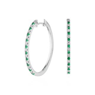 Emerald and Diamond Oval Hoop Earrings in 14k White Gold (1.4mm)