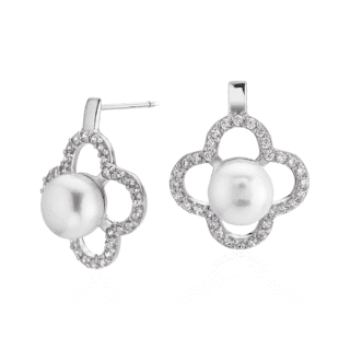 Freshwater Cultured Pearl Earrings with White Topaz Clover Halo in Sterling Silver (8-9mm)