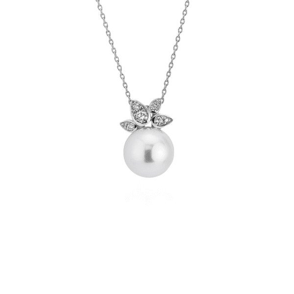 Freshwater Cultured Pearl Pendant with Diamond Leaf Detail in 14k White Gold (9-9.5mm)