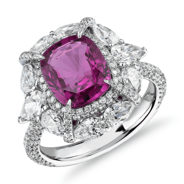 Radiant-Cut Pink Sapphire Ring with Pear-Shaped Diamond Halo in 18k White Gold (6.57 ct. center)