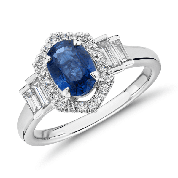 Oval Sapphire Ring with Diamond Hexagon Halo and Baguette Sidestones in 14k White Gold (7x5mm)