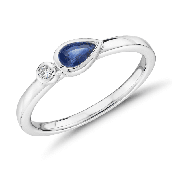 Bezel-Set Pear-Shaped Sapphire and Diamond Stacking Ring in 14k White Gold (3x5mm)