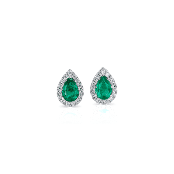 Pear-Shaped Emerald Stud Earrings with Diamond Halo in 14k White Gold (6x4mm)