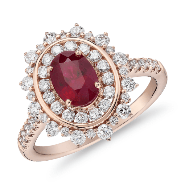 Oval Ruby Ring with Double Diamond Halo in 14k Rose Gold (7x5mm)