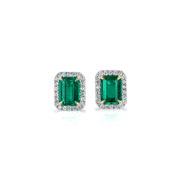 Emerald-Cut Emerald Stud Earrings with Diamond Halo in 14k White Gold with Yellow Gold Prongs (7x5mm)