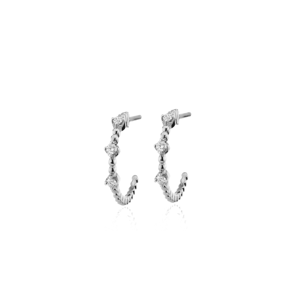 Mini Diamond Three-Stone Beaded Huggie Hoop Earrings in 14k White Gold