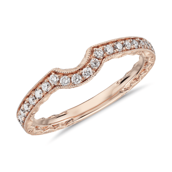 Curved Diamond and Milgrain Engraved Profile Wedding Ring in 14k Rose Gold (1/4 ct. tw.)