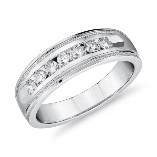 Milgrain Channel Set Diamond Wedding Ring in 14k White Gold (7 mm