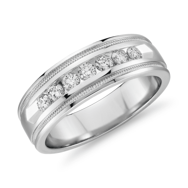 Milgrain Channel Set Diamond Wedding Ring in Platinum  (7 mm