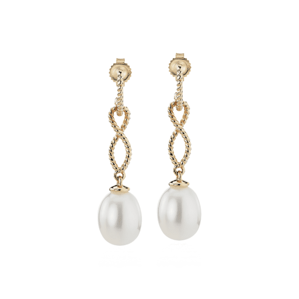 Freshwater Cultured Pearl Earrings with Infinity Twist Drop in 14k Yellow Gold (7.5-8mm)