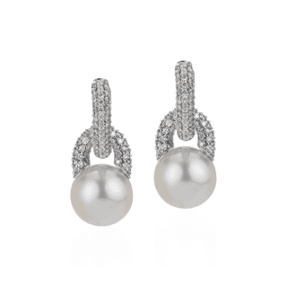 Diamond Door Knocker Earrings with South Sea Cultured Pearls in 18k White Gold (9.5-10mm)