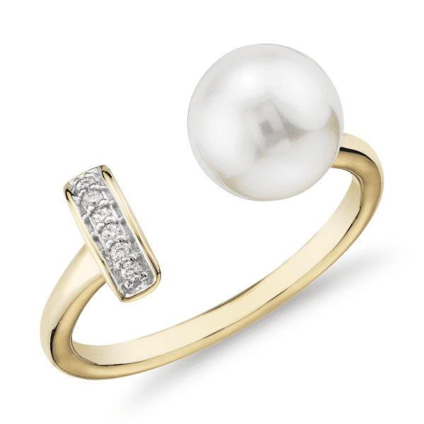 Freshwater Cultured Pearl and Diamond Bar Fashion Ring in 14k Yellow Gold (7.5-8mm)