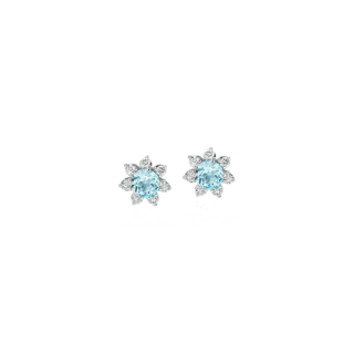 Mini Swiss Topaz Earrings with Diamond Blossom Halo in 14k White Gold (3.5mm)