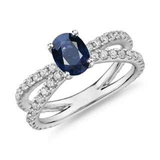 Oval Sapphire Ring with Pave Split Shank in 14k White Gold (7x5mm)