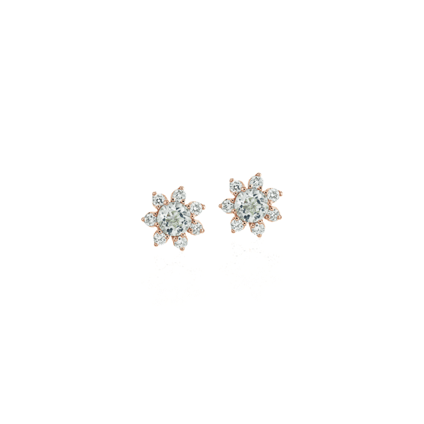 Mini Aquamarine Earrings with Diamond Blossom Halo in 14k Rose Gold (3.5mm)
