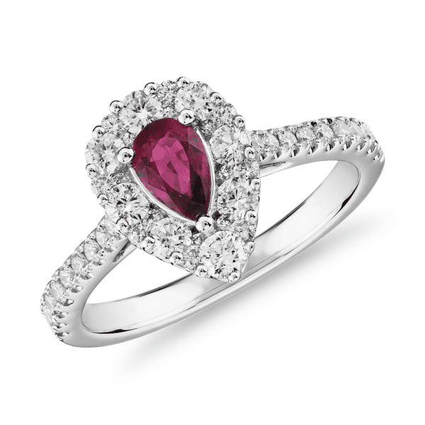 Pear-Shaped Ruby Ring with Diamond Halo in 14k White Gold (6x4mm)