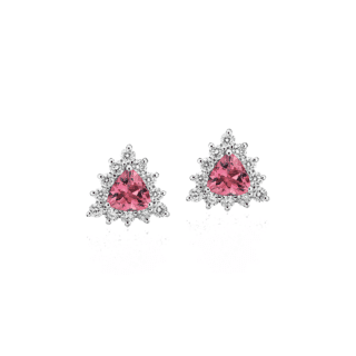 Pink Tourmaline Trillion Earrings with Diamond Halo in 14k White Gold (5mm)
