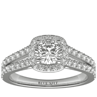 1/2 Carat Ready-to-Ship Split Shank Halo Diamond Engagement Ring in 14k White Gold