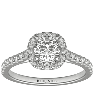 1/2 Carat Ready-to-Ship Cushion Halo Diamond Engagement Ring in 14k White Gold