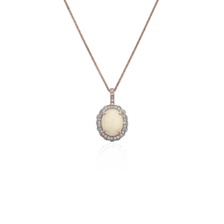Oval Opal with Blue and White Topaz Halo Pendant in 14k Rose Gold